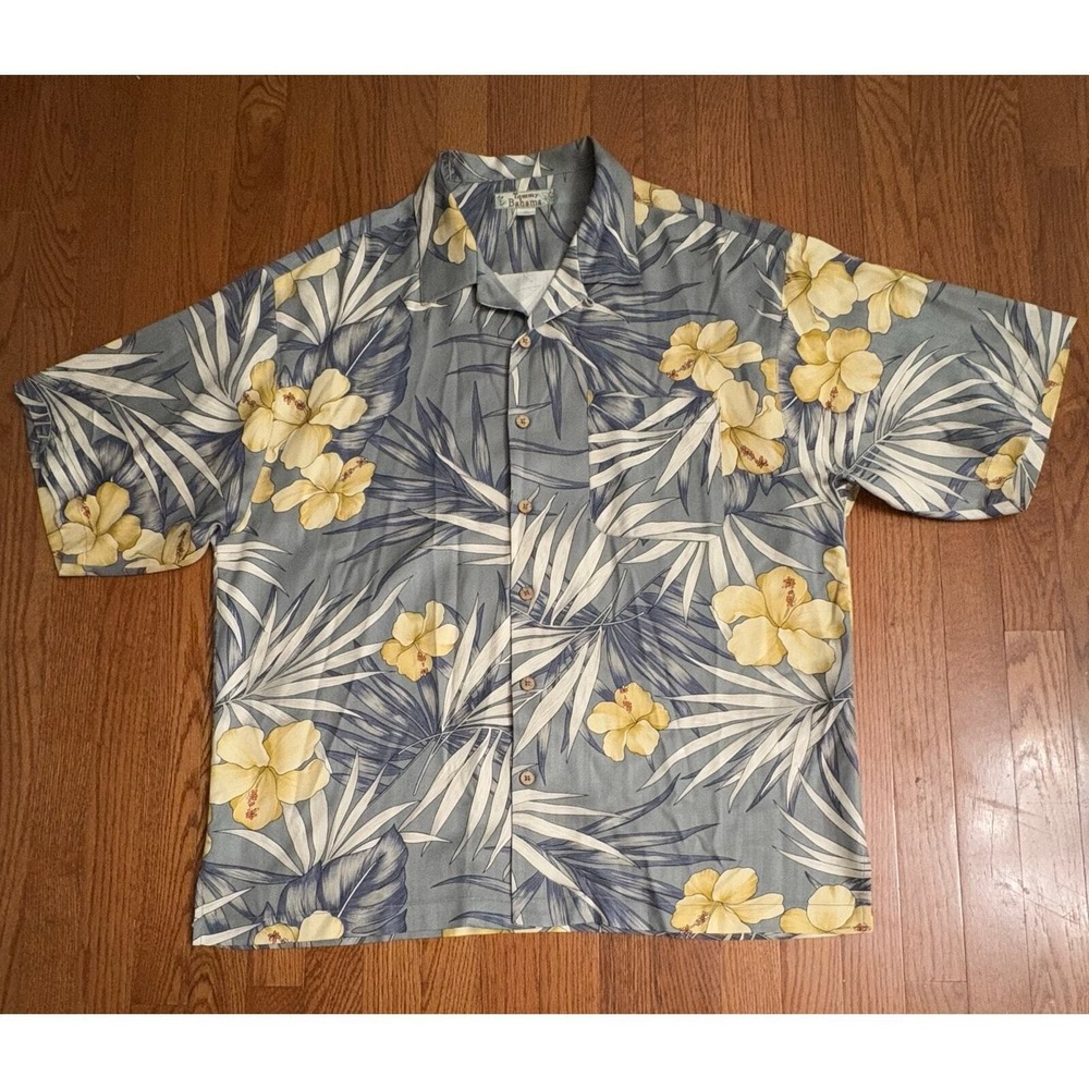 Tommy Bahama Mens XL Silk Tropical Hibiscus Palm Print Camp Shirt Grey Blue